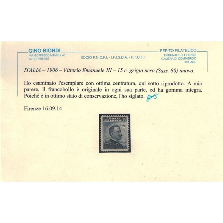 ITALIA REGNO 1906 Michetti 15c grigio nero MNH** © (Lusso)