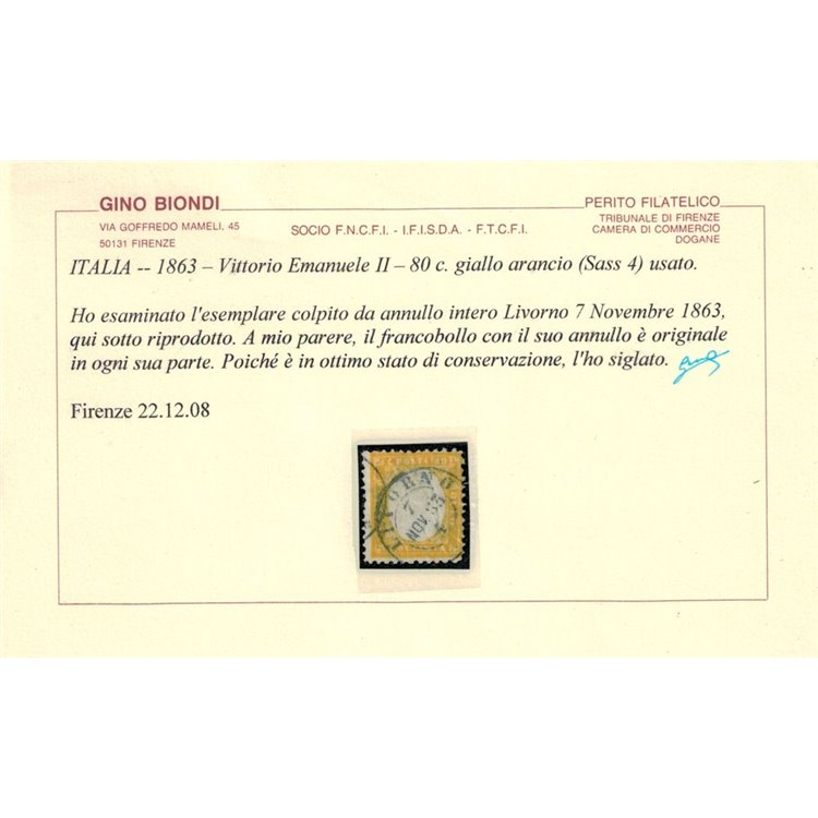 ITALIA REGNO 1862 80c giallo arancio us ©