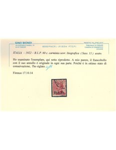 ITALIA REGNO 1922-23 BLP 60c carminio us ©