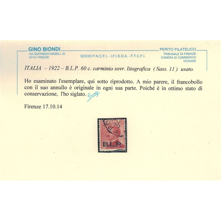 ITALIA REGNO 1922-23 BLP 60c carminio us ©