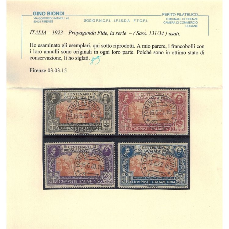 ITALIA REGNO 1923 Propaganda Fide 4v us ©