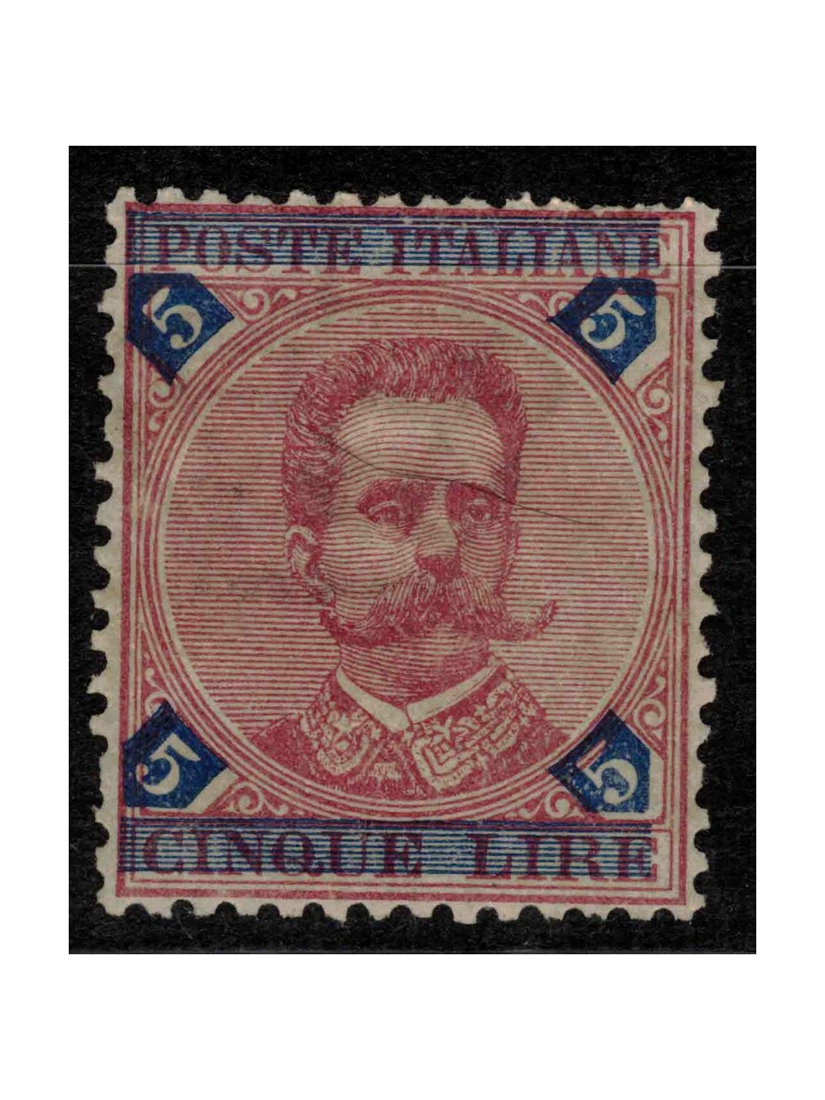 ITALIA REGNO 1891 Umberto I 5£ carminio e azzurro MH*
