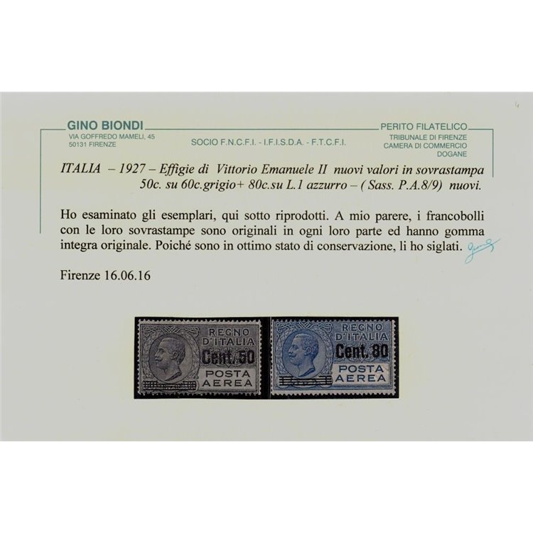 ITALIA REGNO 1927 Posta aerea, soprastampati 2v MNH** ©