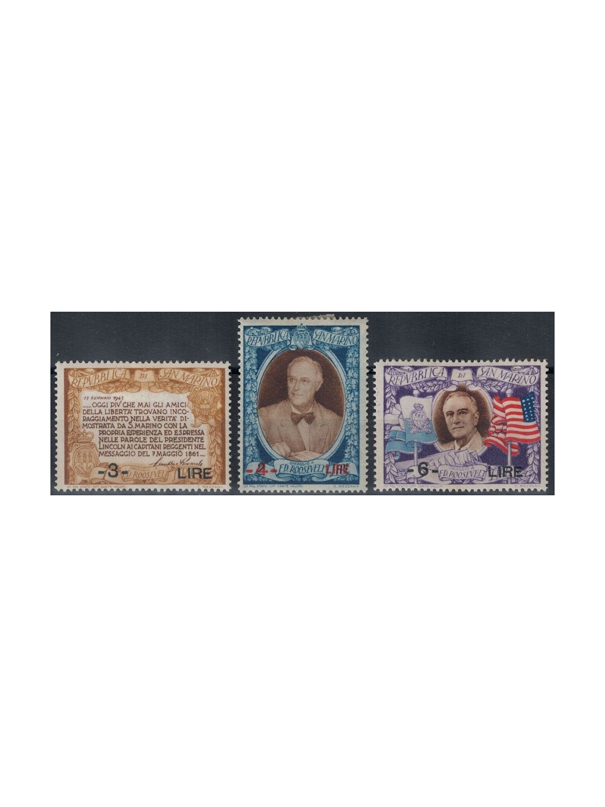 SAN MARINO 1947 Roosevelt overprinted 3v MH*