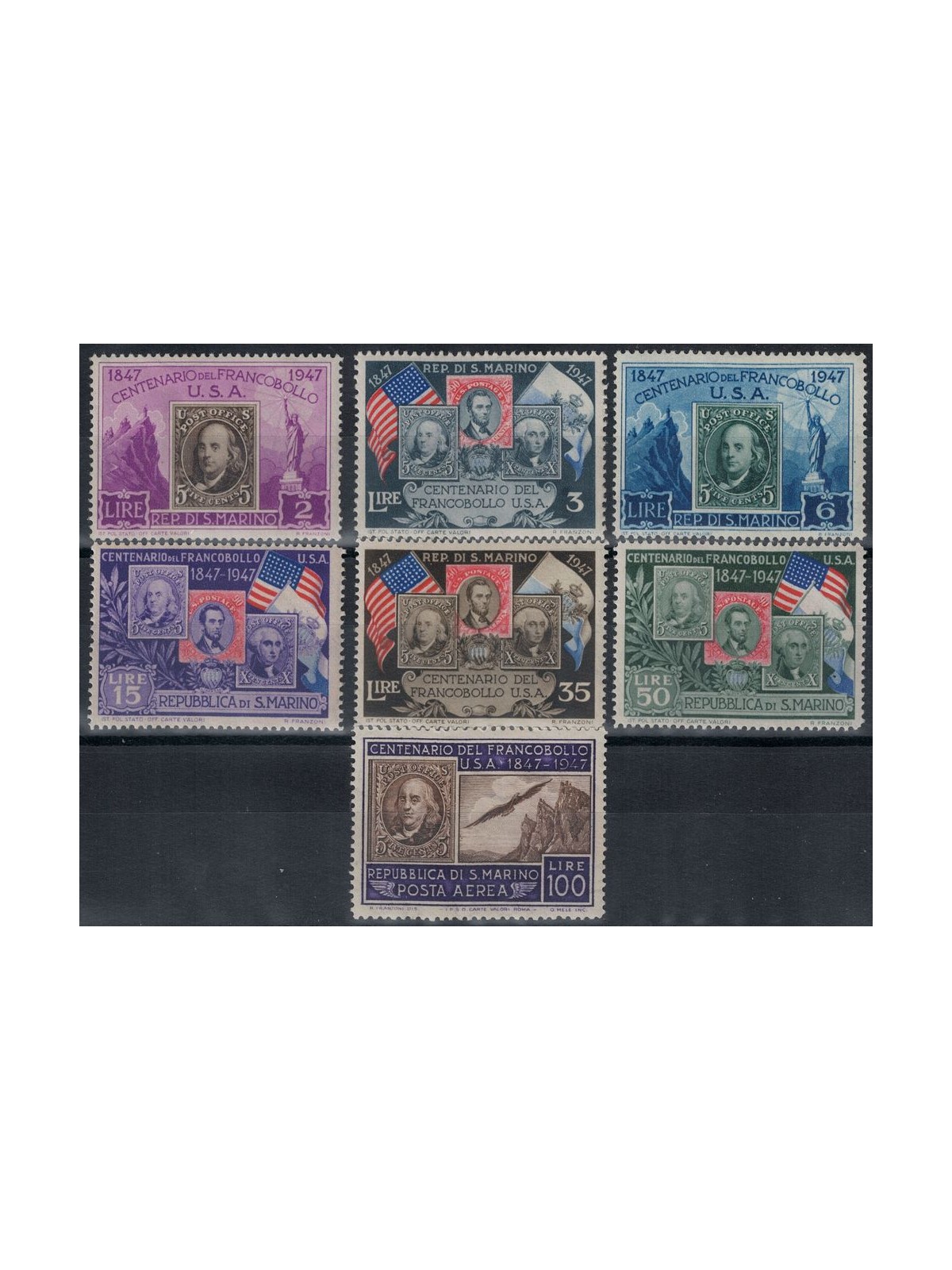 SAN MARINO 1947 Centenary US stamp 7v MH*
