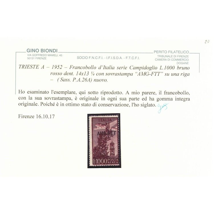 TRIESTE A 1952 Torre del Campidoglio ₤ 1000 14x13¼ MNH** ©
