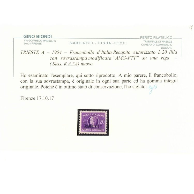 TRIESTE A 1954 Recapito autorizzato MNH** ©