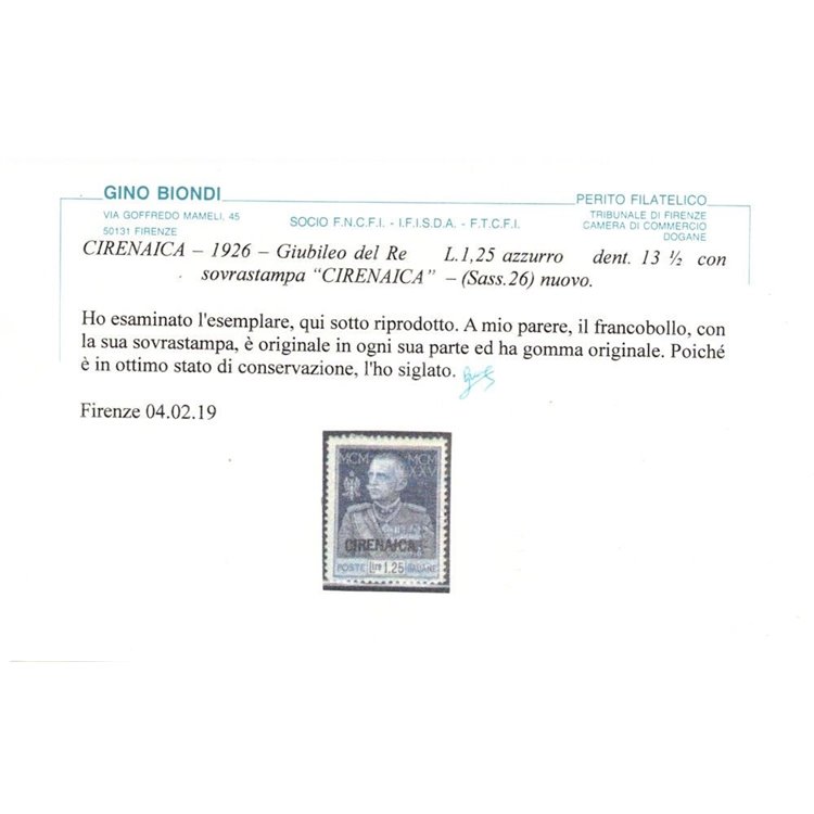 COLONIE CIRENAICA 1925-26 Giubileo del Re dent. 13½ MH* ©