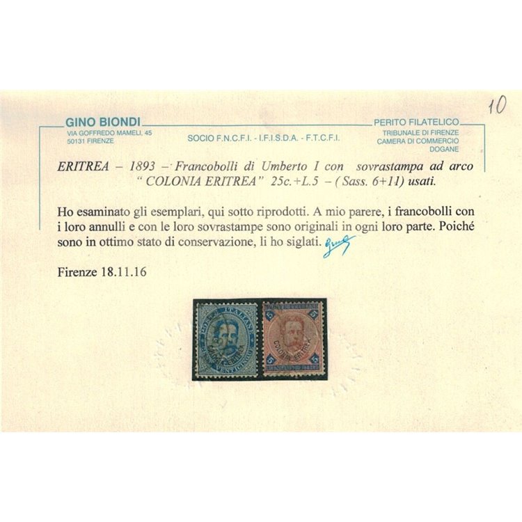 COLONIE ERITREA 1893 Serie ordinaria 11v us ©