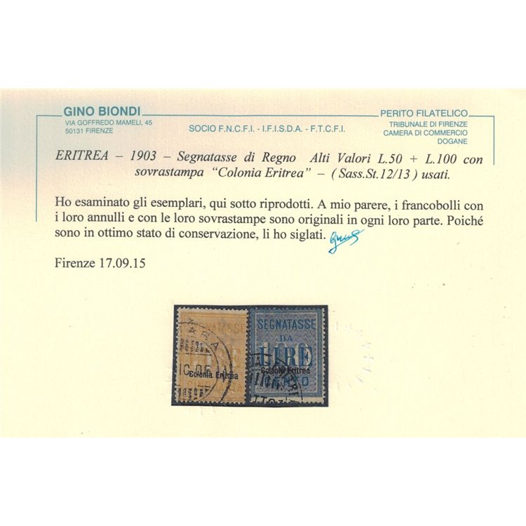 COLONIE ERITREA 1903 Segnatasse 2v us ©