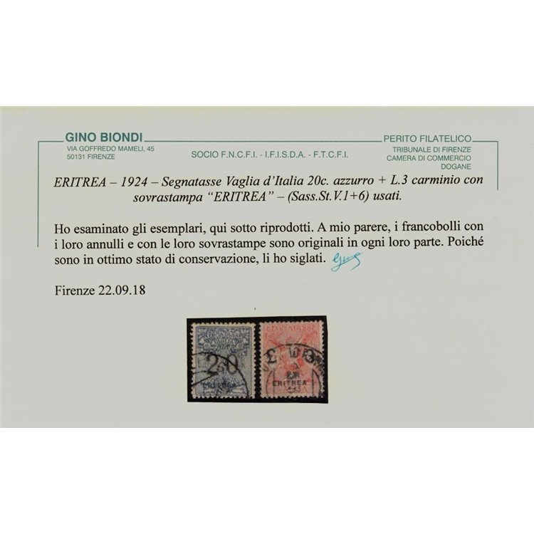 COLONIE ERITREA 1924 Segnatasse vaglia 6v us ©