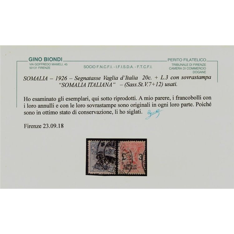 SOMALIA ITALIANA 1926 Segnatasse vaglia 6v us ©