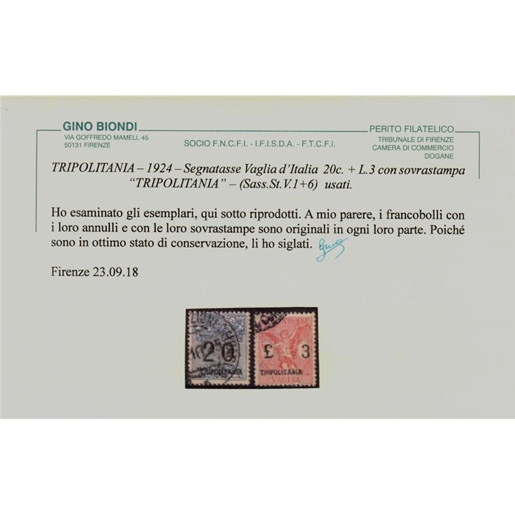 COLONIE TRIPOLITANIA 1924 Segnatasse vaglia 6v us ©