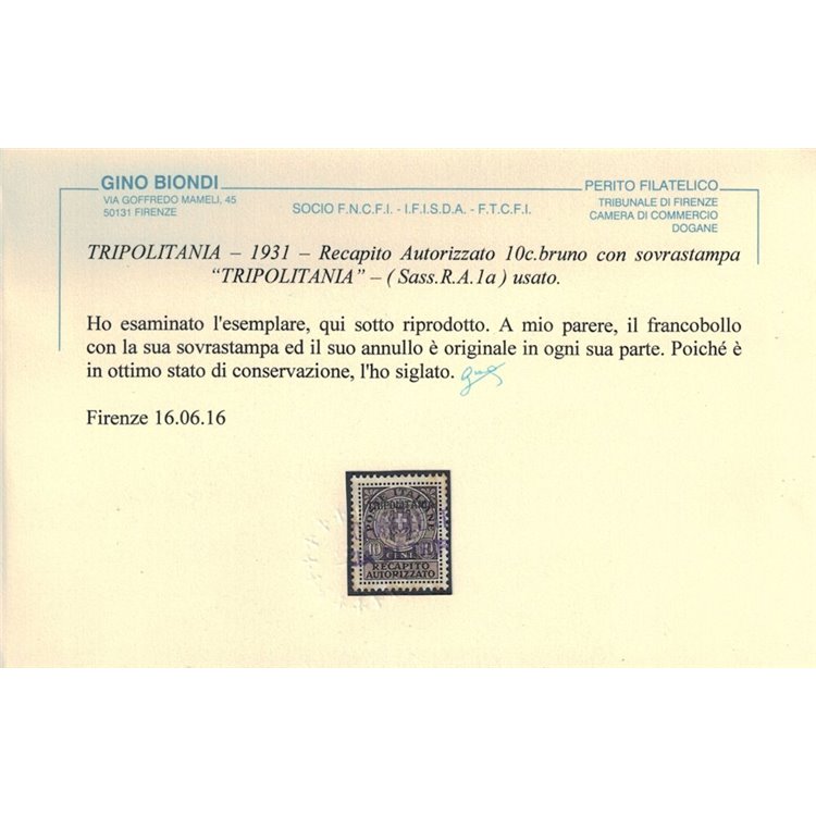 COLONIE TRIPOLITANIA 1931 Recapito autorizzato bruno us ©