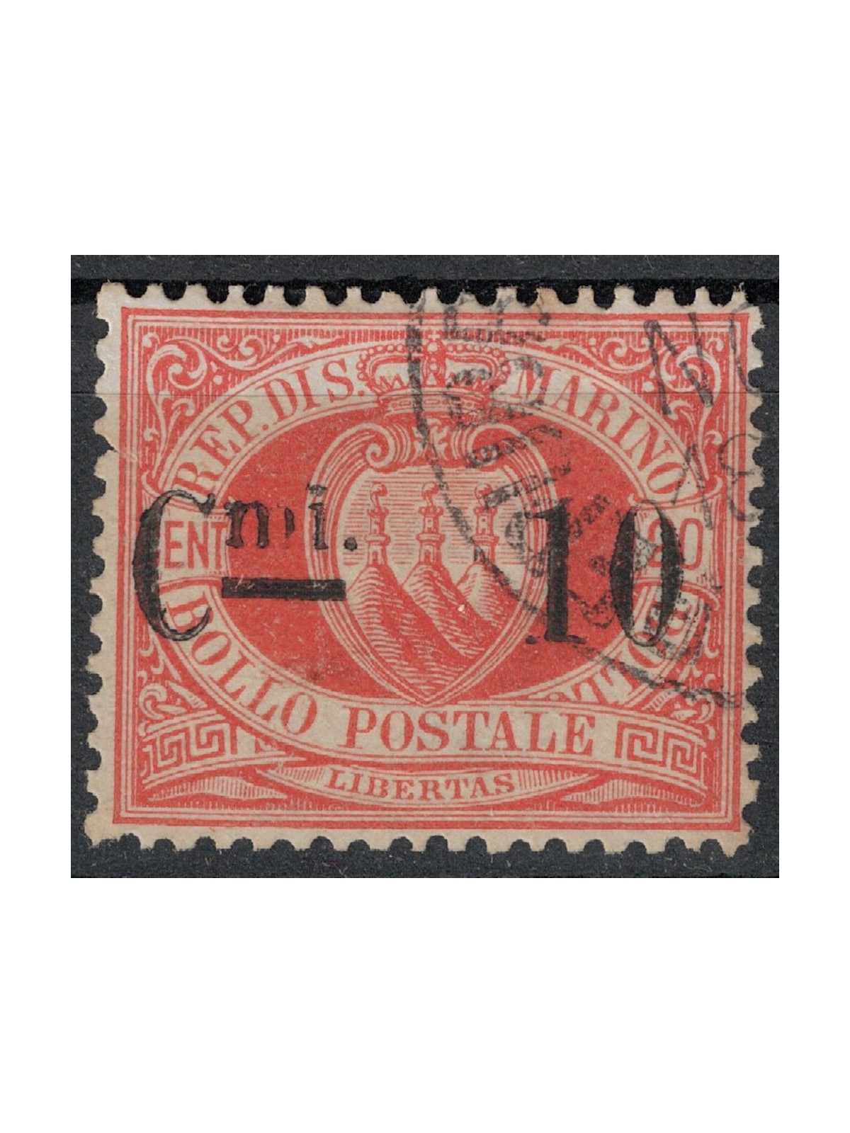 SAN MARINO 1892 10c su 20c rosso (10) us