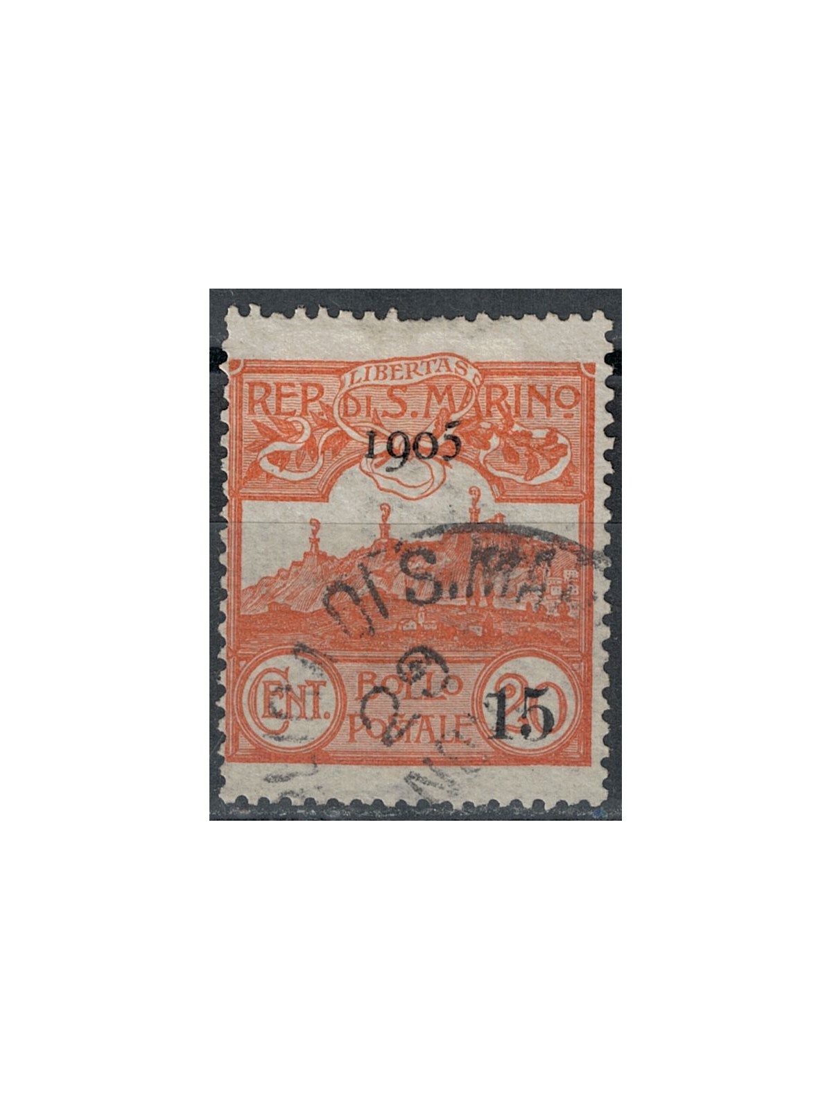 SAN MARINO 1905 Veduta di San Marino soprastampato us