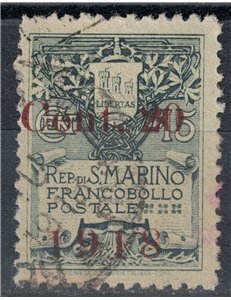 SAN MARINO 1918 20c on 15c slate US