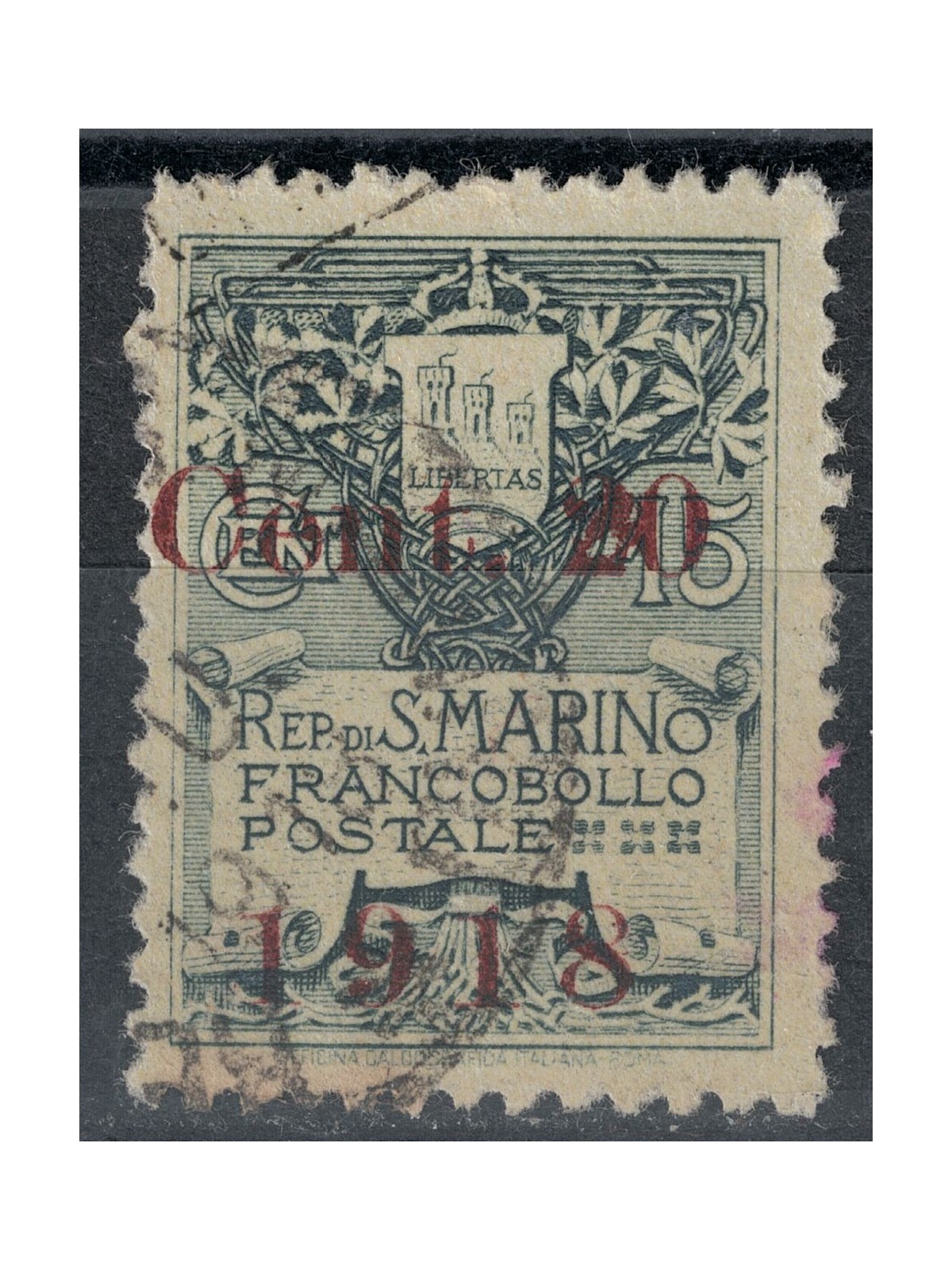 SAN MARINO 1918 20c on 15c slate US