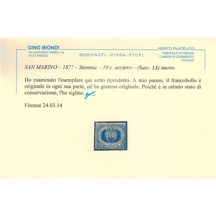SAN MARINO 1877-90 10c azzurro MH* ©