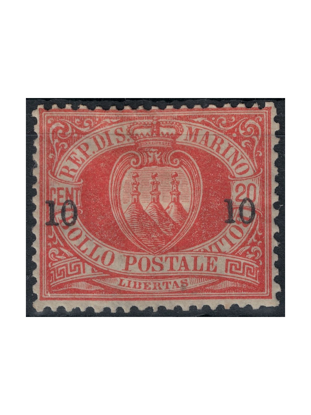 SAN MARINO 1892 10c on 20c red (11) MH*