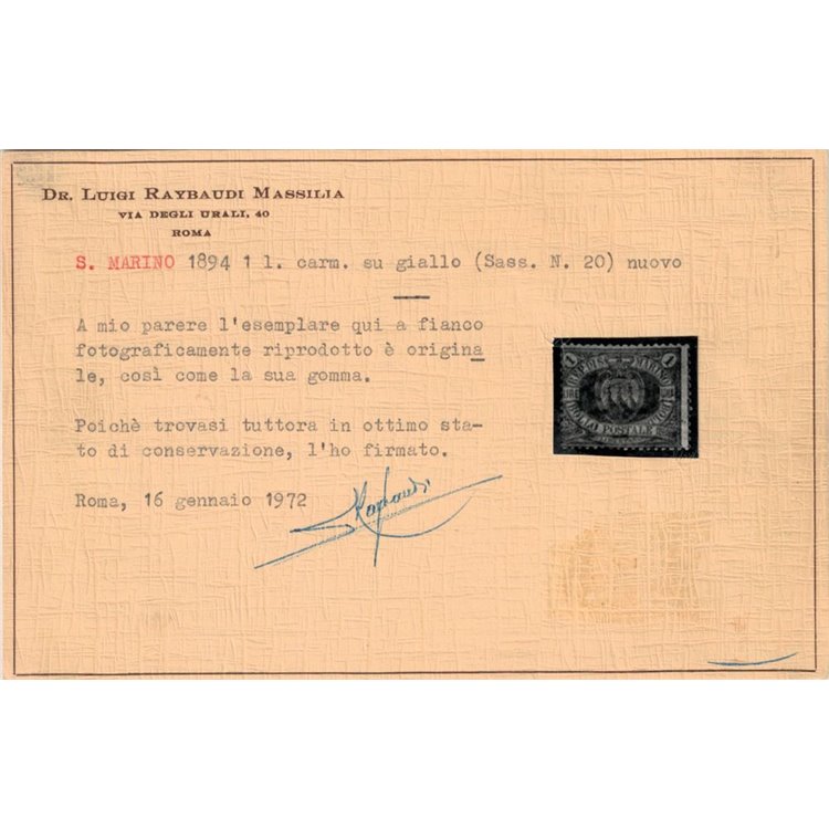 SAN MARINO 1892-94 1₤ rosso su giallo MH* ©