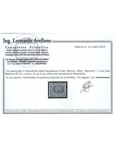 SAN MARINO 1894-99 1₤ azzurro grigio MH* ©