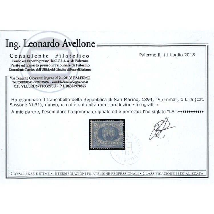 SAN MARINO 1894-99 1₤ azzurro grigio MH* ©