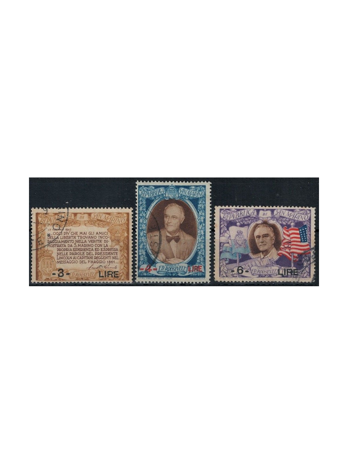 SAN MARINO 1947 Roosevelt soprastampati 3v us