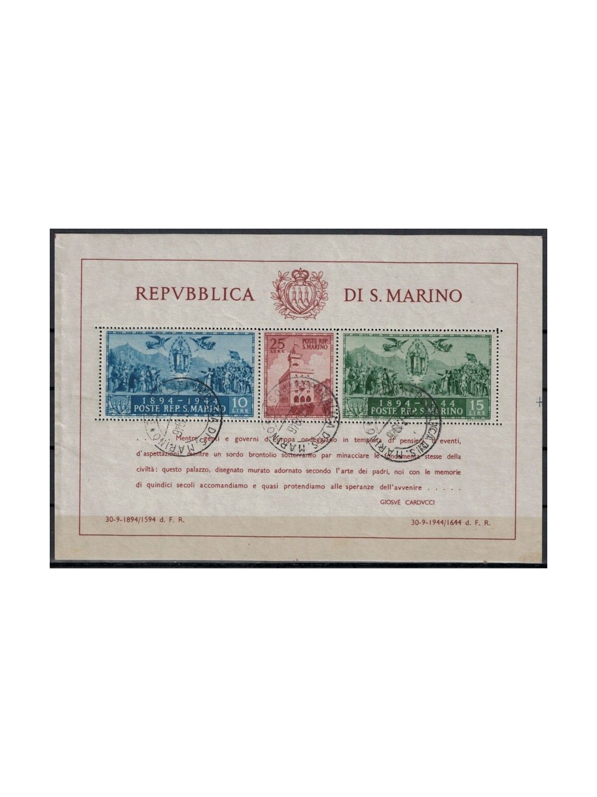 SAN MARINO 1945 Government Palace s/s us