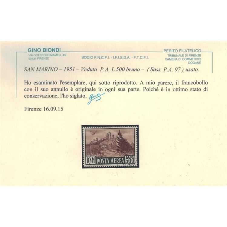 SAN MARINO 1951 Veduta (posta aerea) us ©