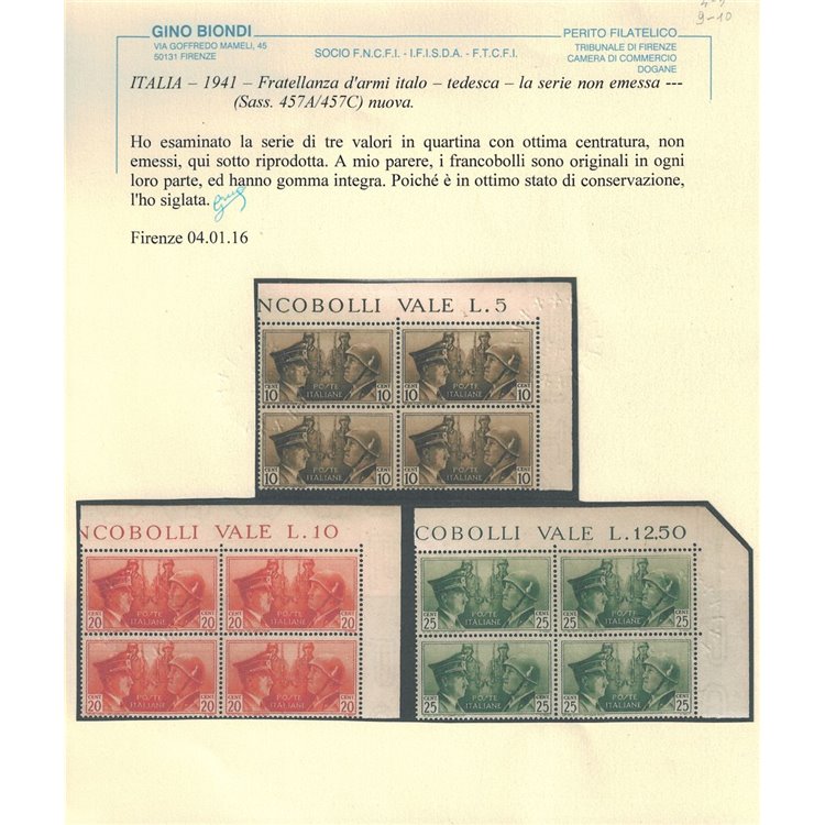 ITALIA REGNO 1941 Fratellanza d'armi (non emessi) in quartina 3v MNH** ©