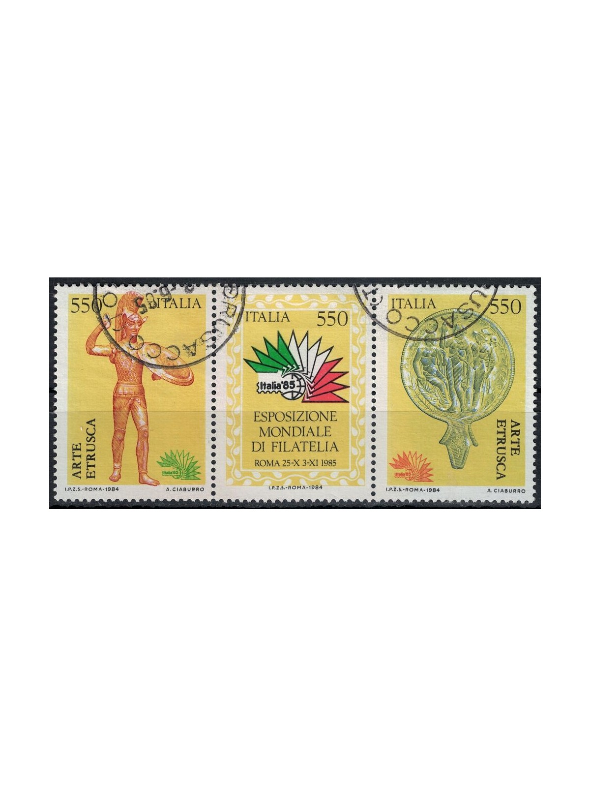 ITALIA 1984 Esposizione di filatelia, arte etrusca 3v us (trittico)