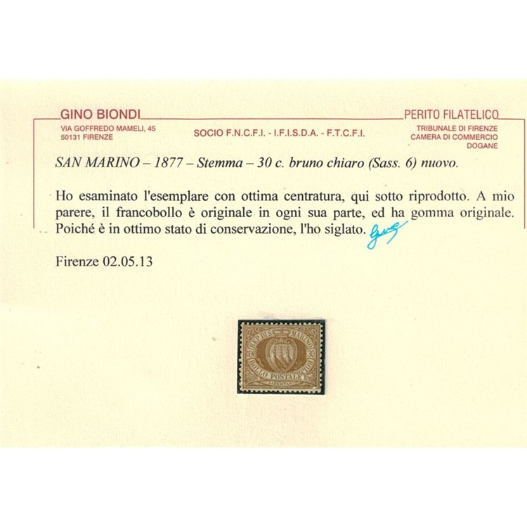 SAN MARINO 1877-90 30c bruno MH* © (Lusso)