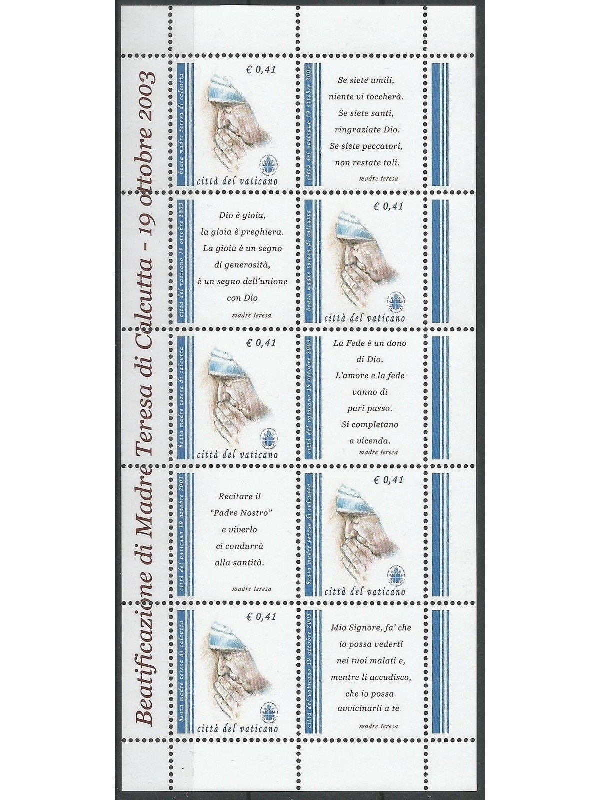 VATICANO 2003 Madre Teresa BF MNH**
