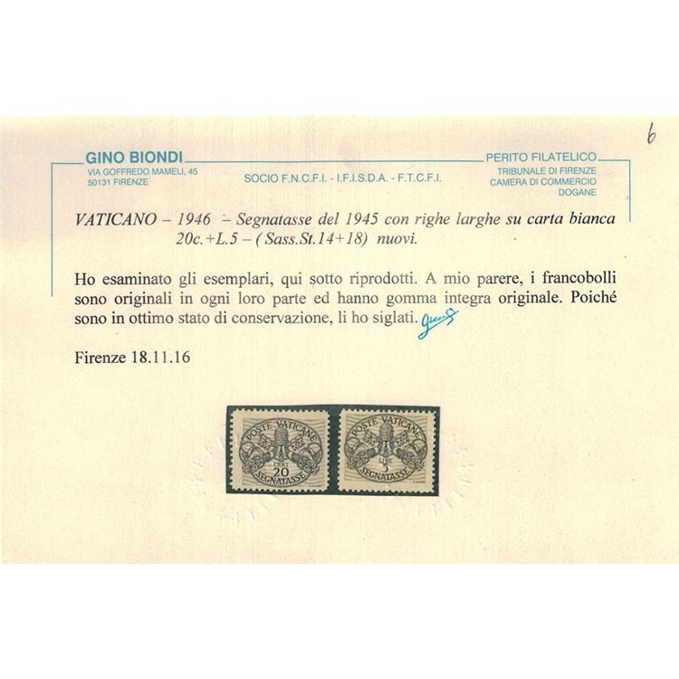 VATICANO 1946 Segnatasse (carta bianca) 6v MNH** ©