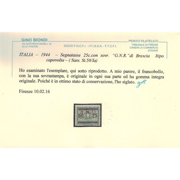 ITALIA RSI 1944 Varietà 25c Segnatasse GNR Brescia (soprast. capovolta) MNH** ©