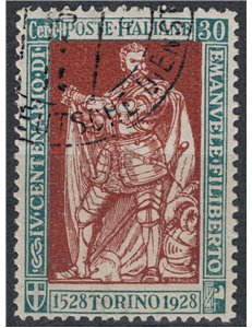 ITALIA REGNO 1928 Emanuele Filiberto 30c verde e bruno dent. 13½ us