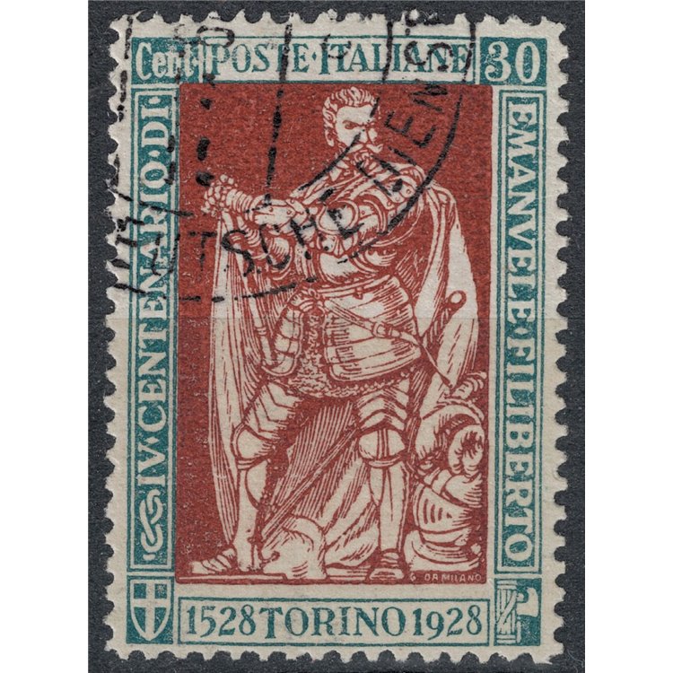 ITALIA REGNO 1928 Emanuele Filiberto 30c verde e bruno dent. 13½ us