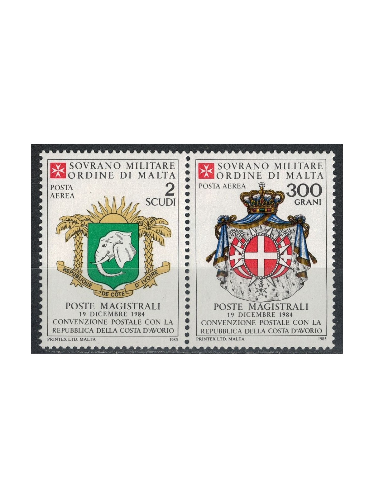SMOM 1985 Convenzione postale con Costa d'Avorio, posta aerea 2v MNH**