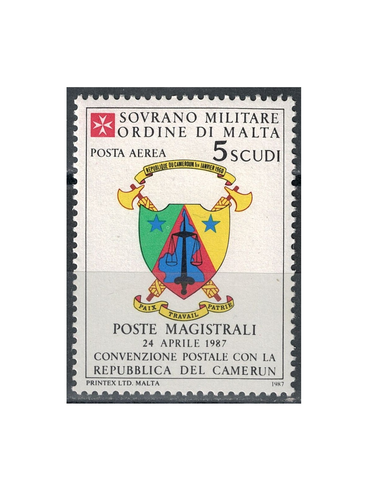 SMOM 1987 Postal Agreement with Cameroon, Airmail MNH**