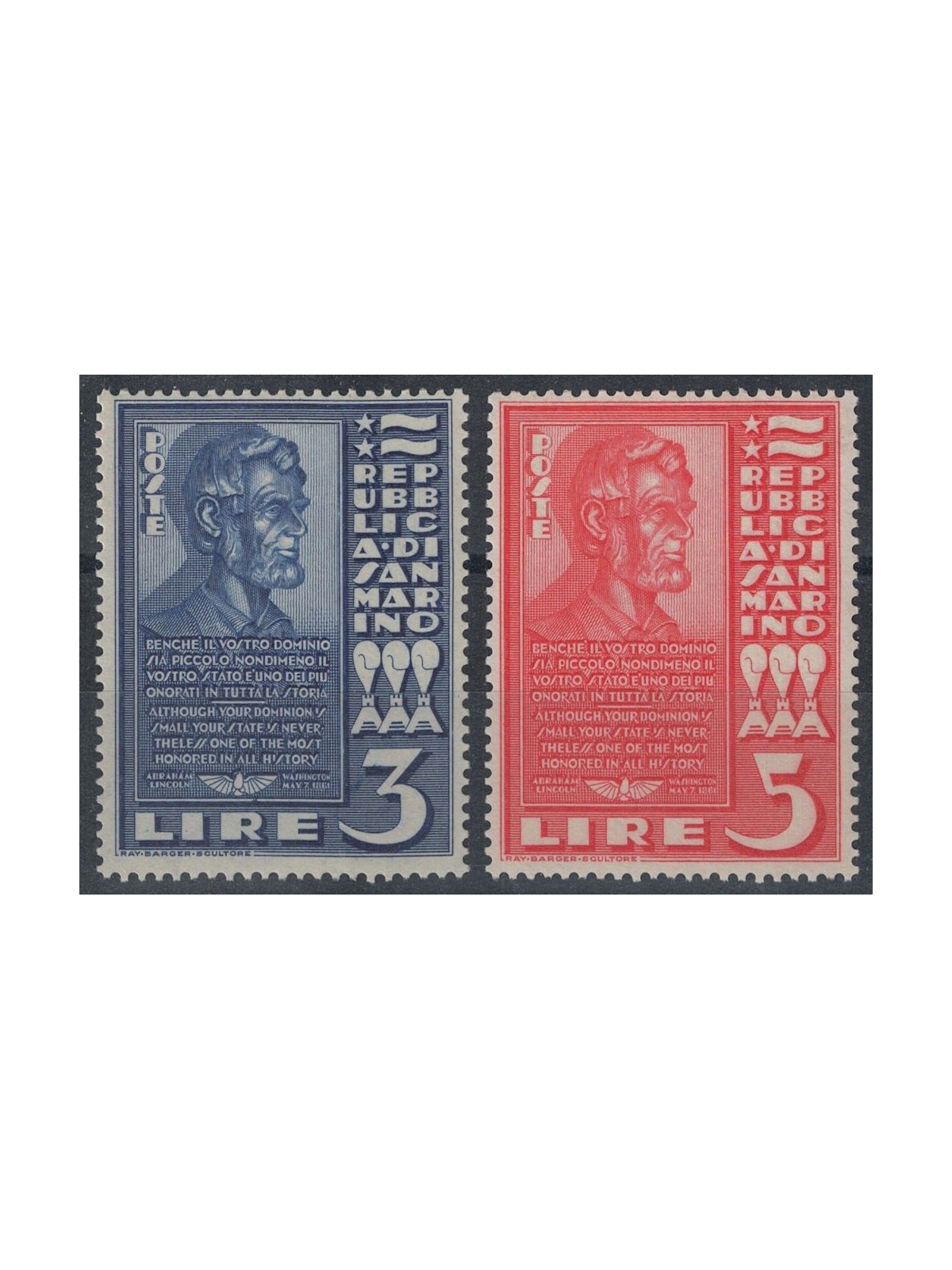 SAN MARINO 1938 Abramo Lincoln 2v MNH**