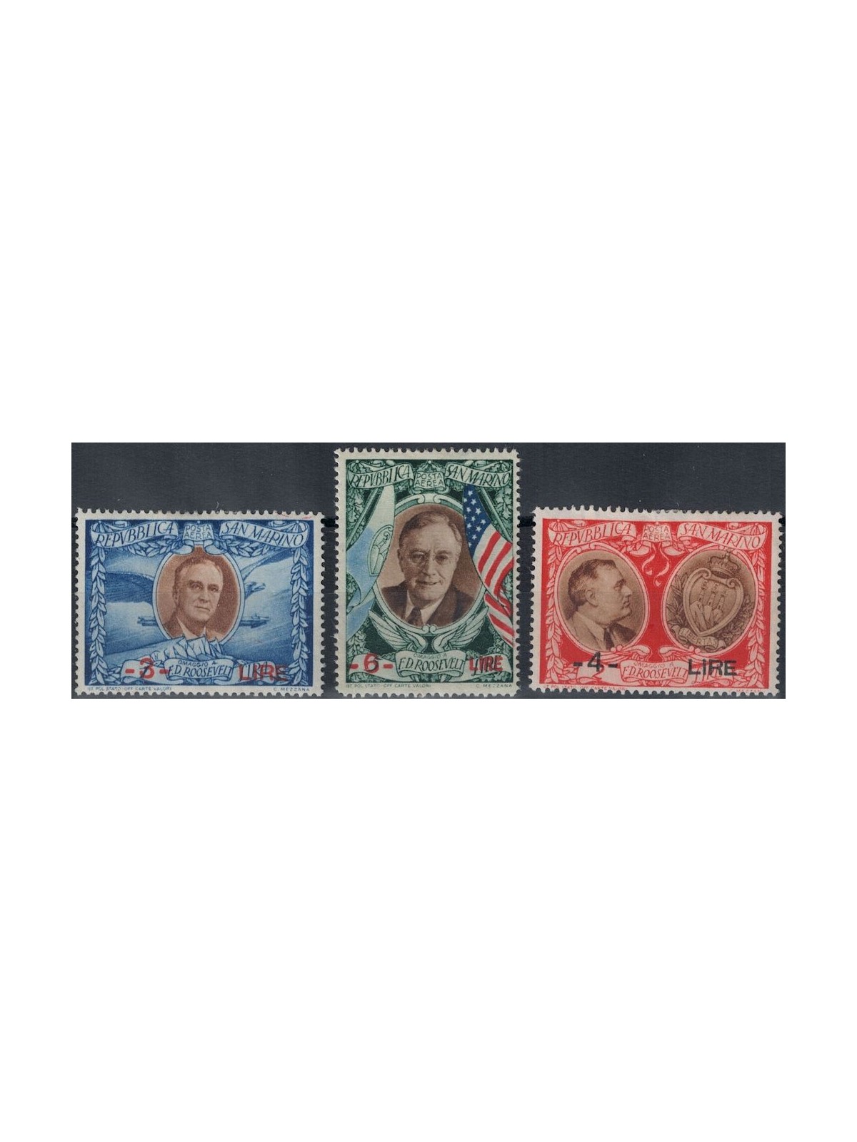 SAN MARINO 1947 Roosevelt overprinted (airmail) 3v MNH**