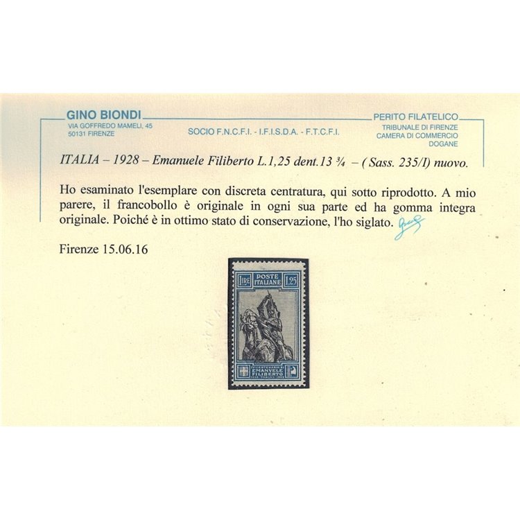 ITALIA REGNO 1928 Emanuele Filiberto ₤ 1,25 dent. 13¾ MNH** ©