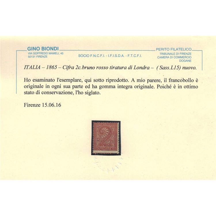 ITALIA REGNO 1863 De La Rue 2c mattone (Londra) MNH** ©