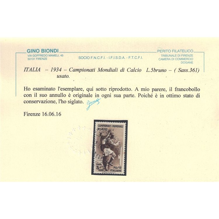 ITALIA REGNO 1934 Campionato di calcio ₤ 5+2,50 us ©