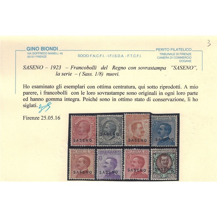 COLONIE SASENO 1923 Serie ordinaria 8v MNH** © (Lusso)