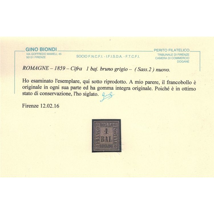 ROMAGNE 1859 1 bajocco bruno grigio MNH** ©