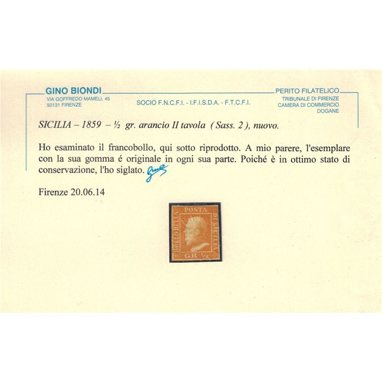 REGNO DI SICILIA 1859 ½ grano arancio 2ª tavola MH* ©