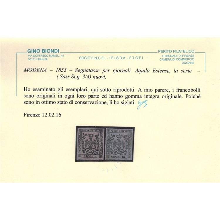 DUCATO DI MODENA 1855-57 Segnatasse per giornali 2v MNH** ©