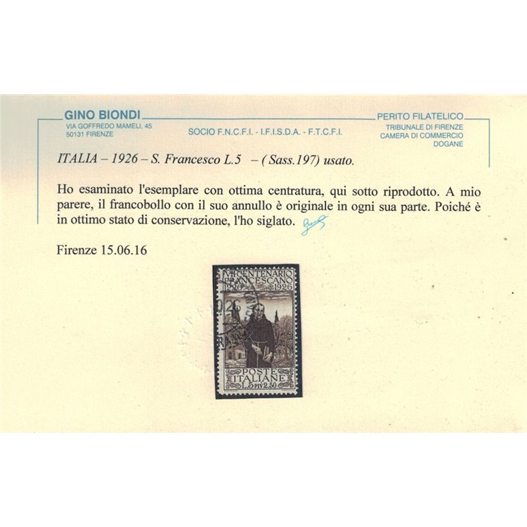 ITALIA REGNO 1926 San Francesco 5₤ us ©